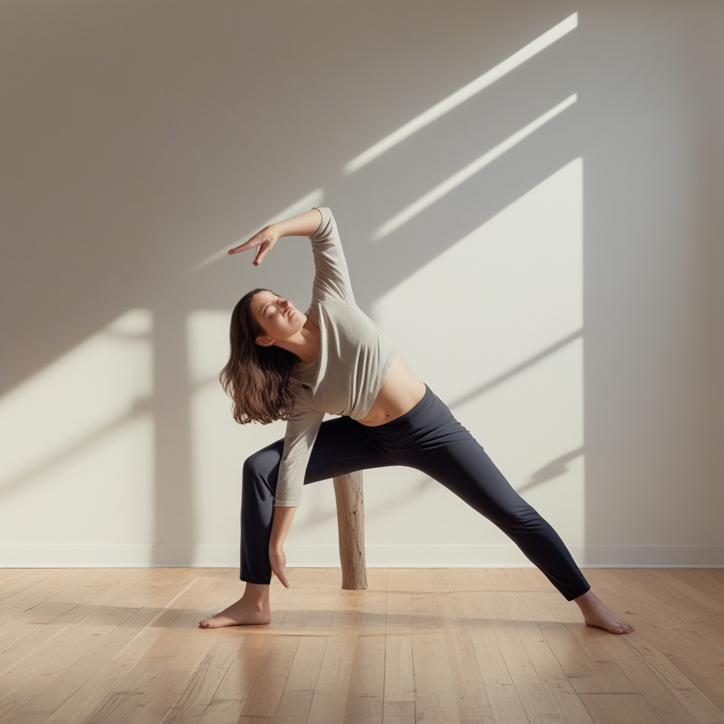 Person performing a controlled slow stretching pose in a minimalist bright studio with wooden floors, dramatic side lighting creating long shadows, calm and focused atmosphere