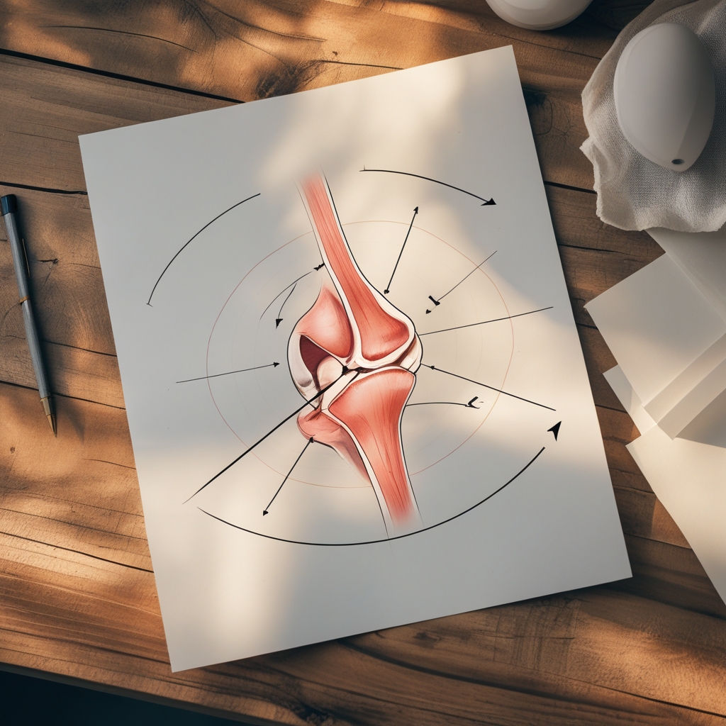 Abstract anatomy diagram printed on white paper showing simplified joint rotation arrows and movement arcs, placed on a wooden desk with soft diffused lighting, no text visible