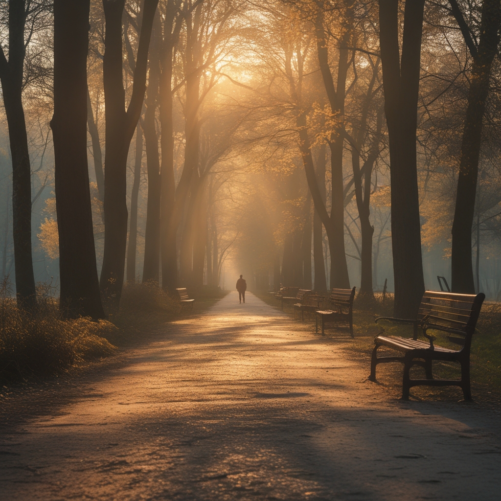 Serene outdoor park path with soft morning light filtering through tall trees, empty wooden bench visible, calm nature atmosphere, no people, warm golden tones